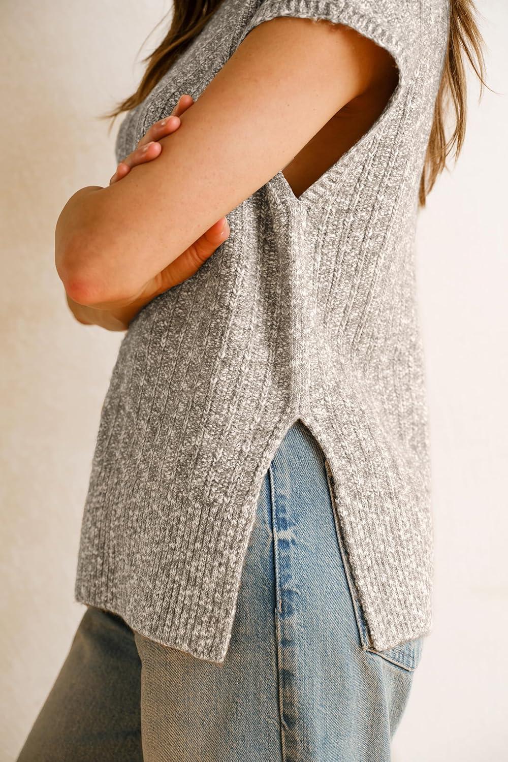 imageArachampCloz Womens Cotton Blend Cap Sleeve Side Slit Sweater Vest Fall Casual Tops 2025Khaki Grey