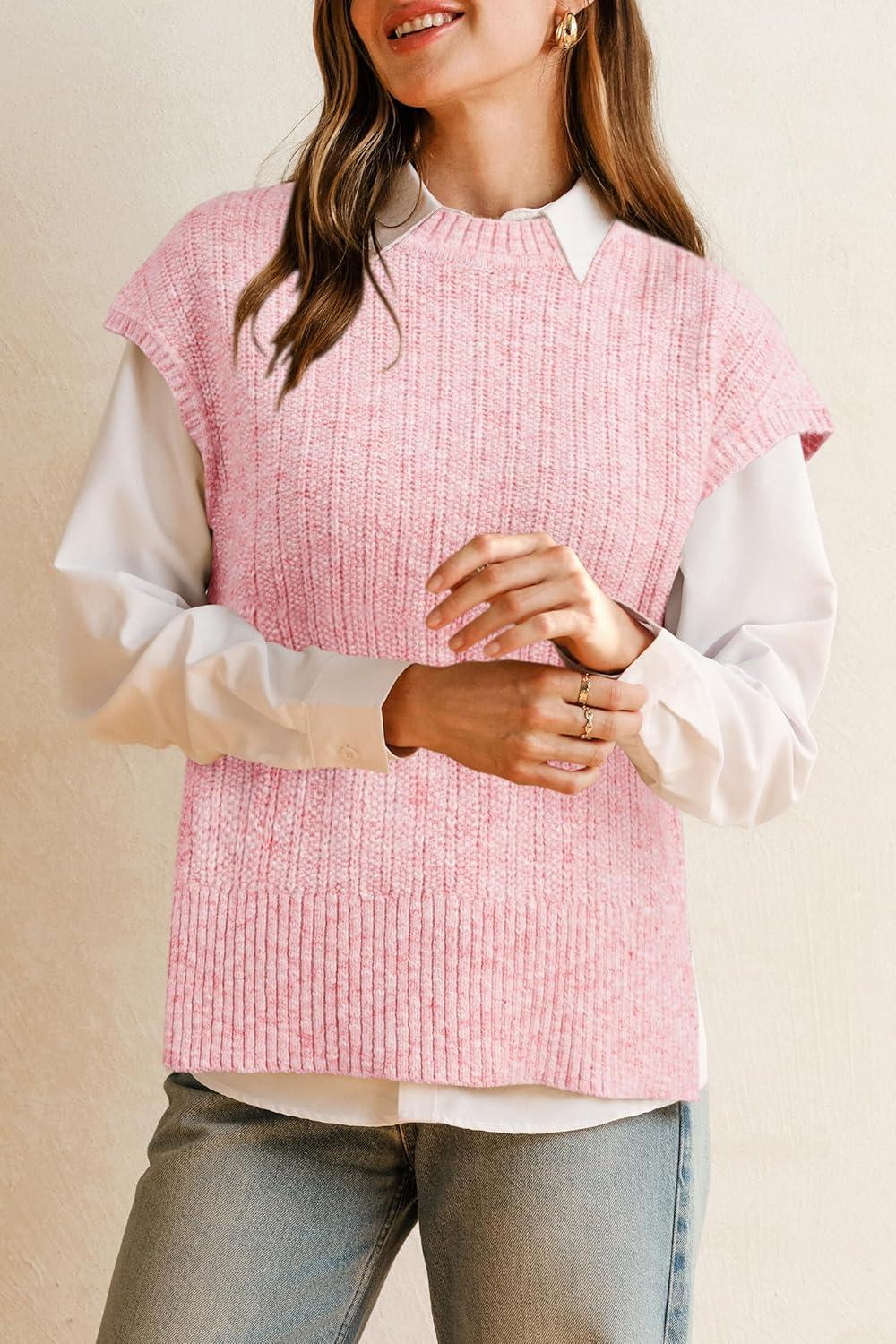 imageArachampCloz Womens Cotton Blend Cap Sleeve Side Slit Sweater Vest Fall Casual Tops 2025Light Pink