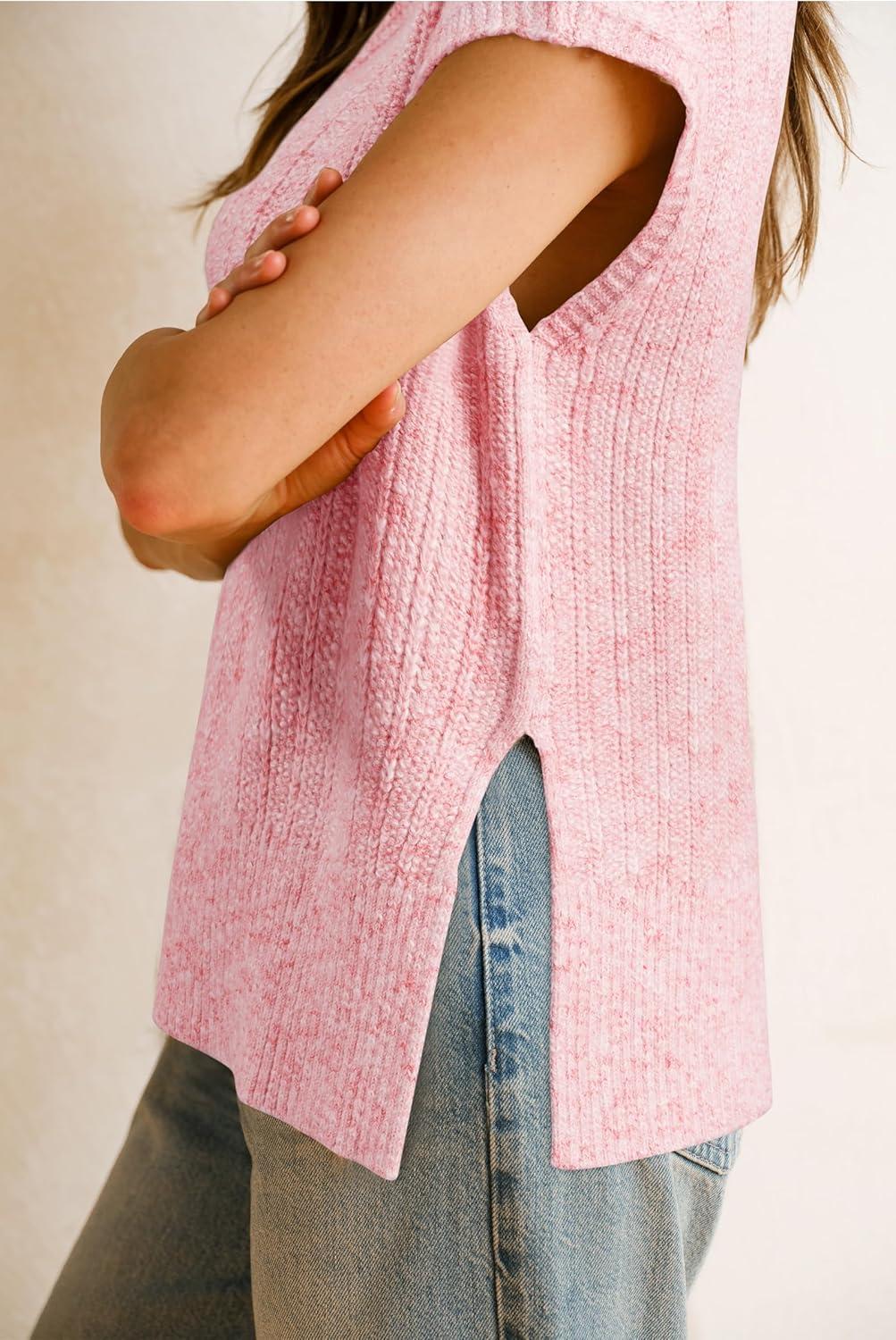 imageArachampCloz Womens Cotton Blend Cap Sleeve Side Slit Sweater Vest Fall Casual Tops 2025Light Pink