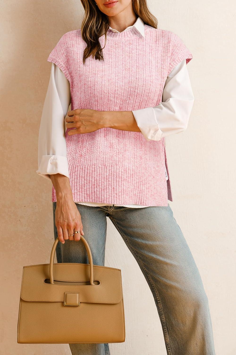 imageArachampCloz Womens Cotton Blend Cap Sleeve Side Slit Sweater Vest Fall Casual Tops 2025Light Pink