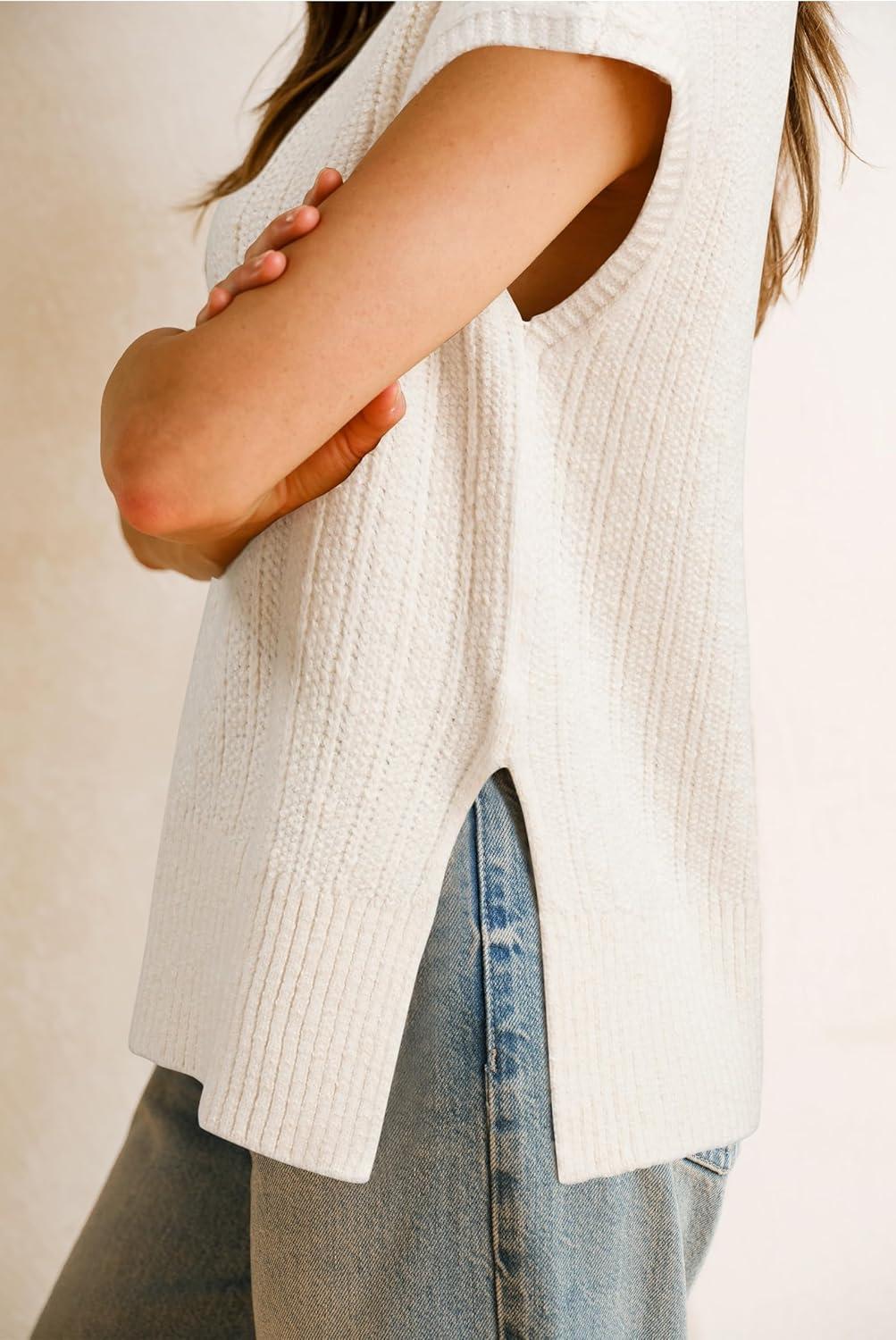 imageArachampCloz Womens Cotton Blend Cap Sleeve Side Slit Sweater Vest Fall Casual Tops 2025Offwhite