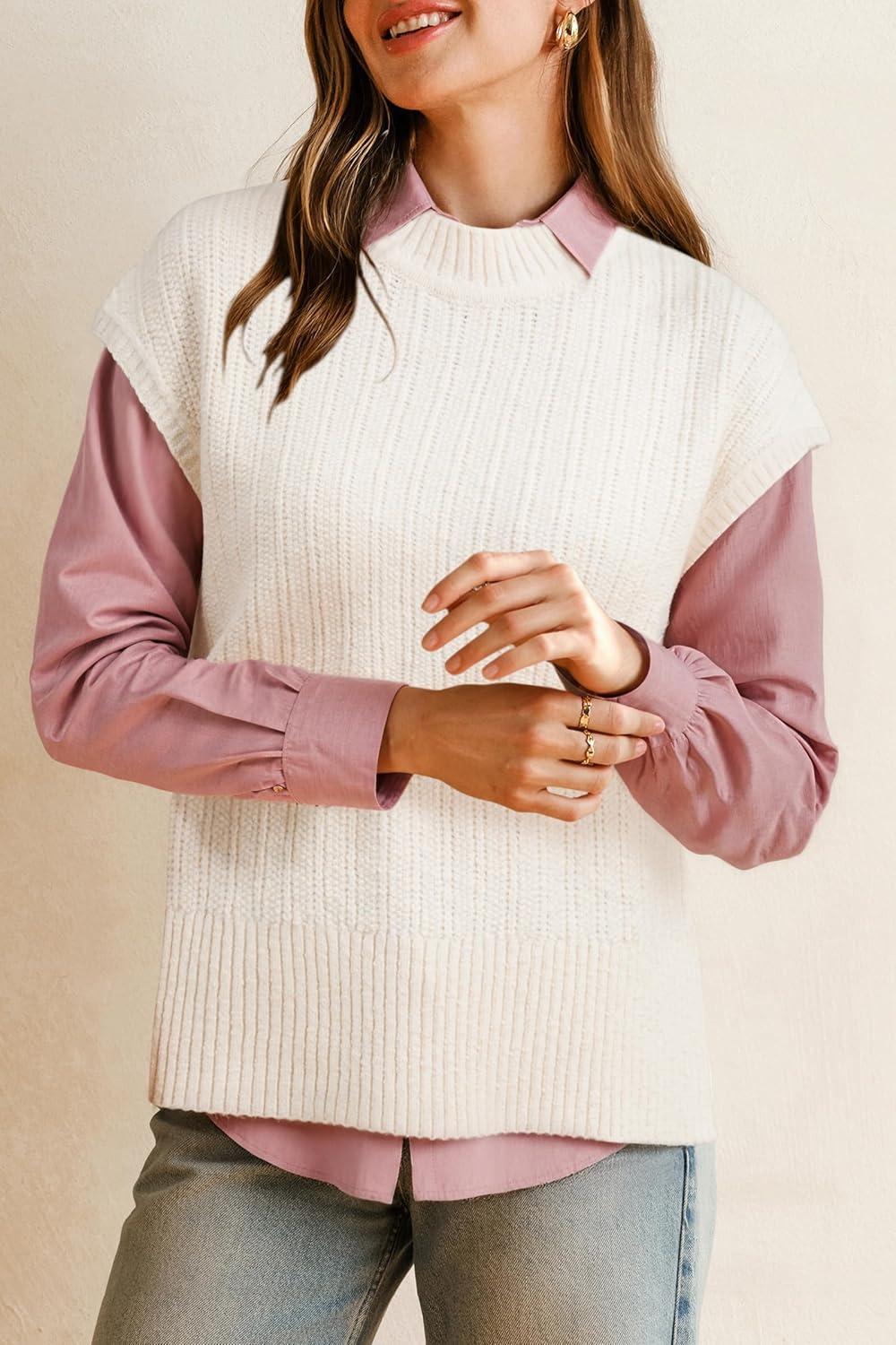 imageArachampCloz Womens Cotton Blend Cap Sleeve Side Slit Sweater Vest Fall Casual Tops 2025Offwhite