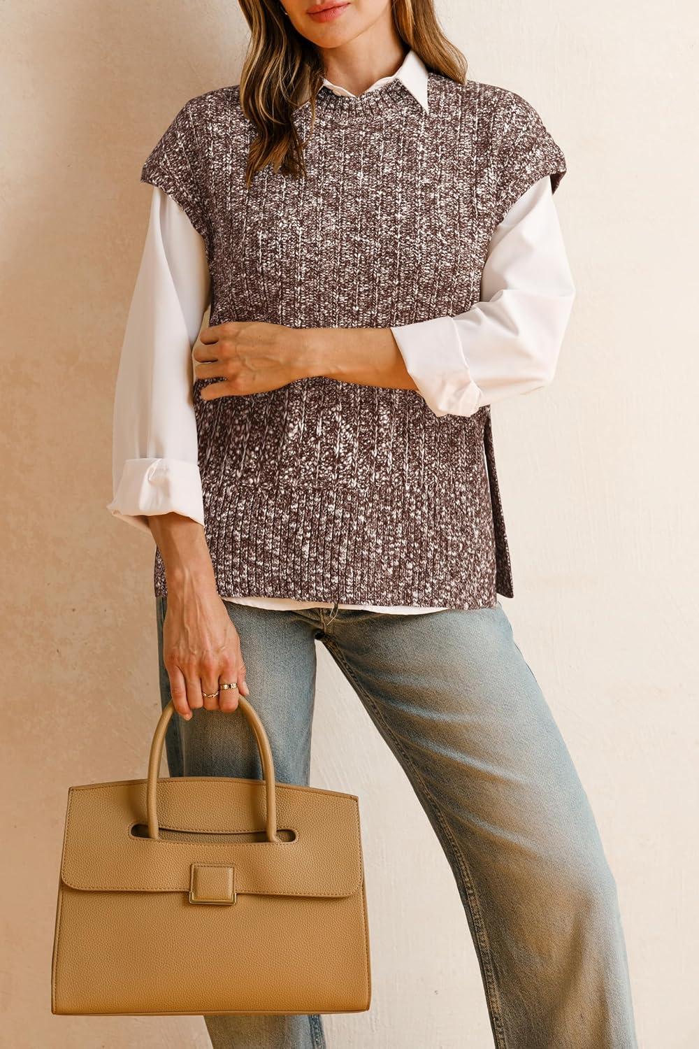 imageArachampCloz Womens Cotton Blend Cap Sleeve Side Slit Sweater Vest Fall Casual Tops 2025White Brown