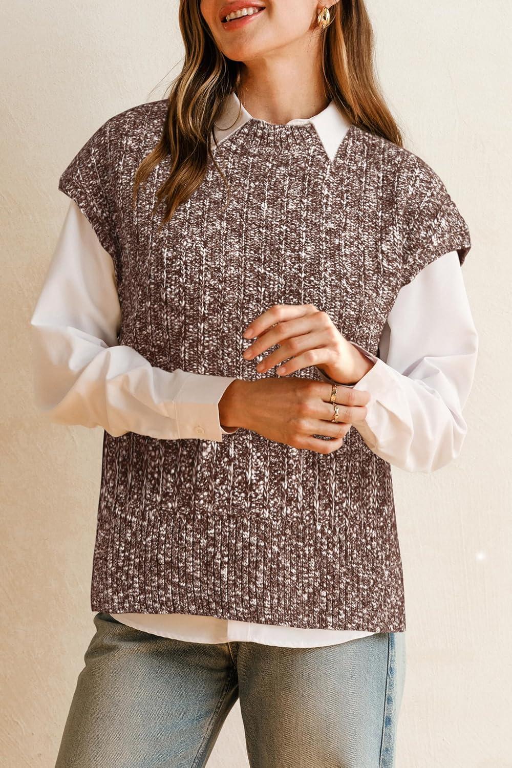 imageArachampCloz Womens Cotton Blend Cap Sleeve Side Slit Sweater Vest Fall Casual Tops 2025White Brown