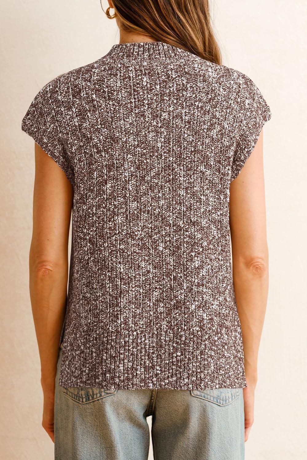 imageArachampCloz Womens Cotton Blend Cap Sleeve Side Slit Sweater Vest Fall Casual Tops 2025White Brown