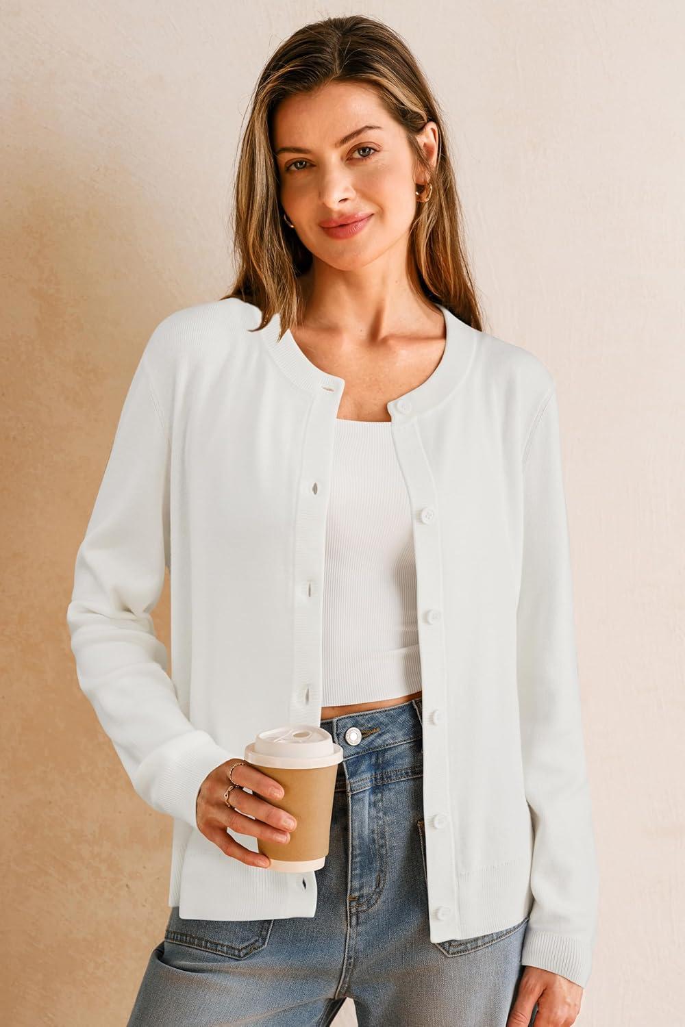 imageArachampCloz Womens Wool Blend Lightweight Spring Business Casual Cardigan Sweaters TopsOffwhite