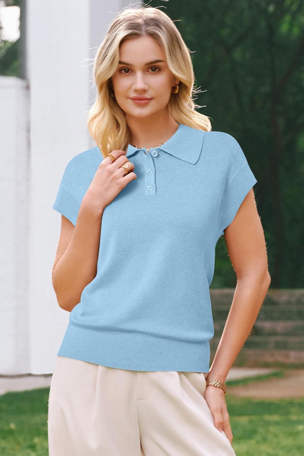 imageArachampCloz Womens Wool Blend Polo Shirts Collar V Neck Cap Sleeves Business Casual Sweater PulloverLight Blue