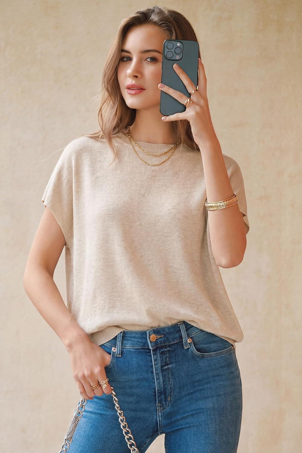 imageArachampCloz Womens Wool Blend Short Sleeve Oversized Sweater Business Casual Tops 2026Apricot