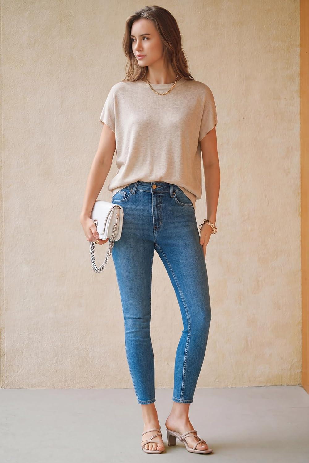 imageArachampCloz Womens Wool Blend Short Sleeve Oversized Sweater Business Casual Tops 2026Apricot