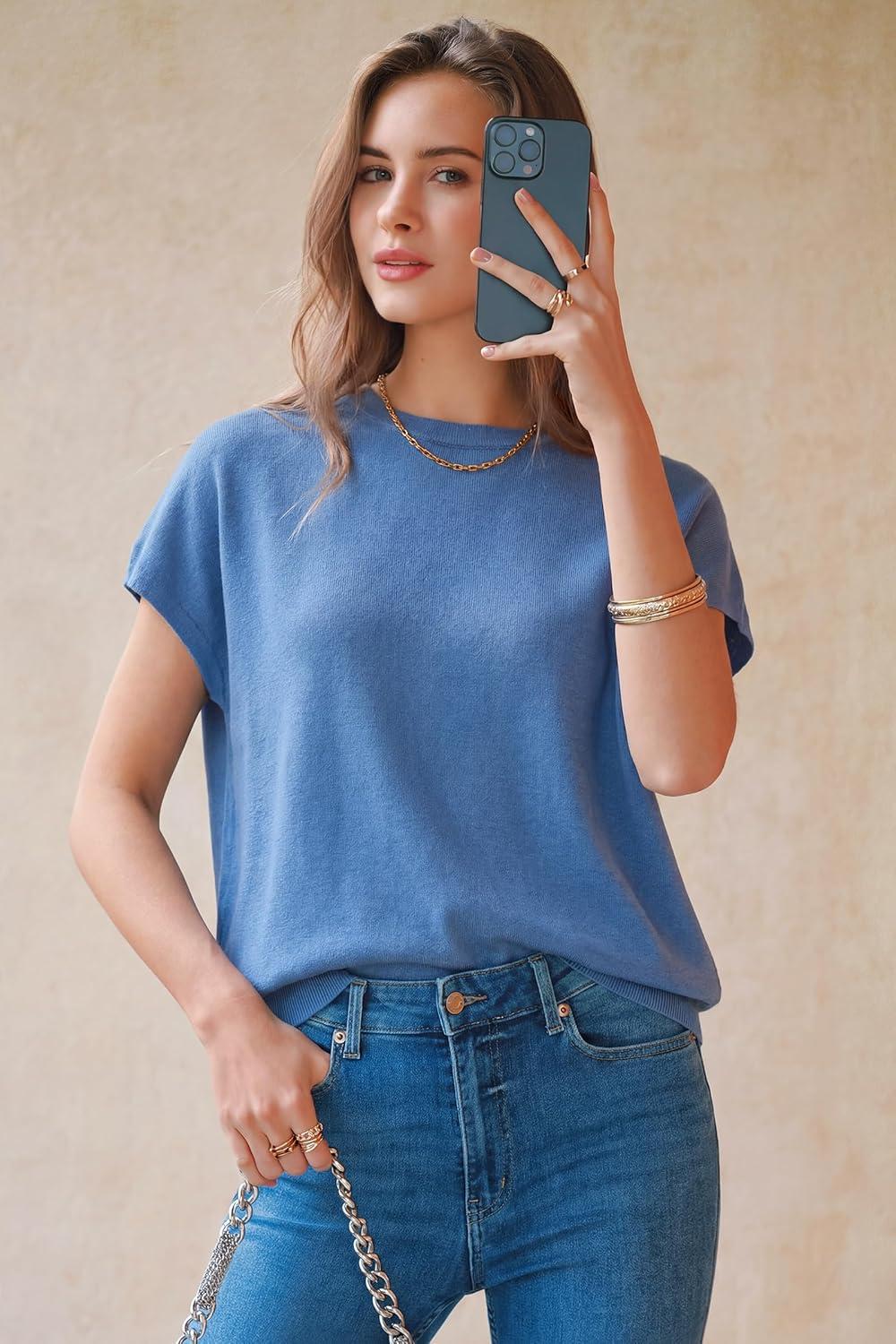 imageArachampCloz Womens Wool Blend Short Sleeve Oversized Sweater Business Casual Tops 2026Lake Blue