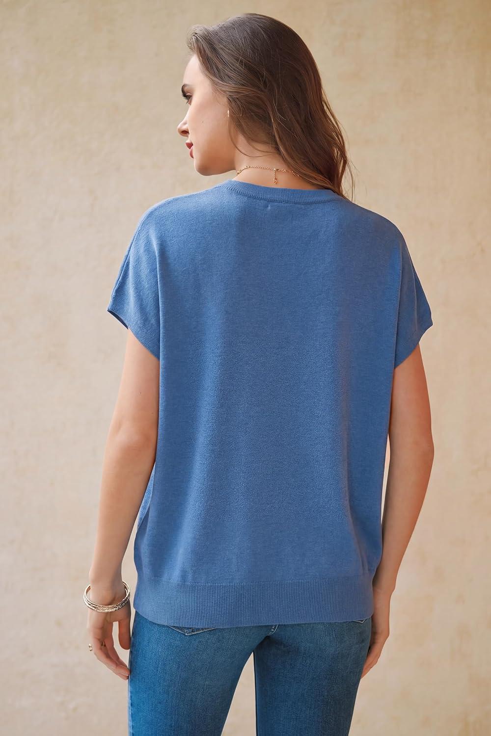 imageArachampCloz Womens Wool Blend Short Sleeve Oversized Sweater Business Casual Tops 2026Lake Blue