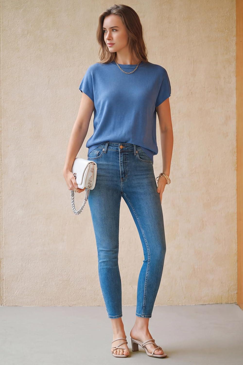 imageArachampCloz Womens Wool Blend Short Sleeve Oversized Sweater Business Casual Tops 2026Lake Blue