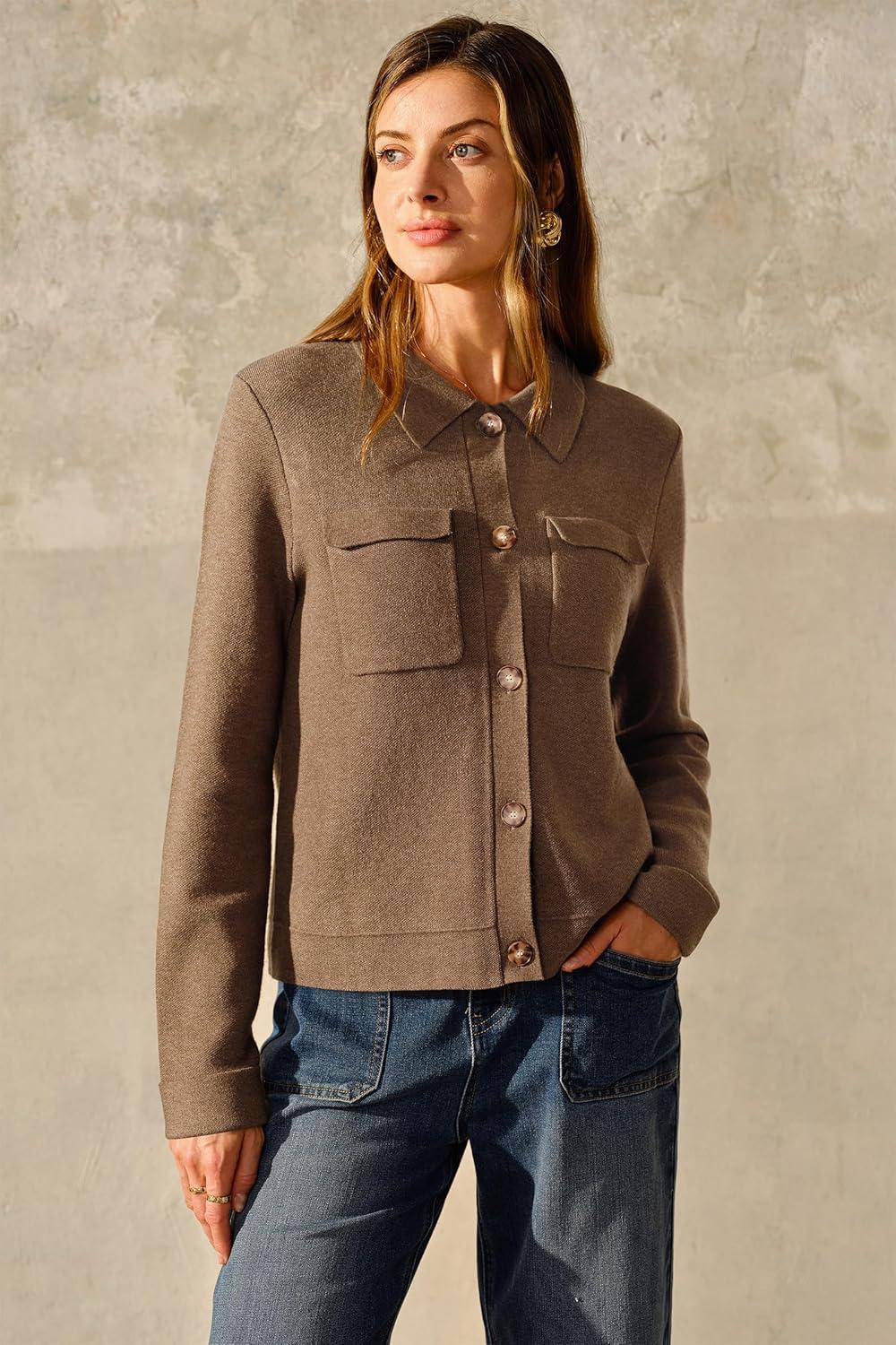 imageArachampCloz Womens Wool Blend Spring Fashion Button Down Cropped Jacket Shackets 2026Brown