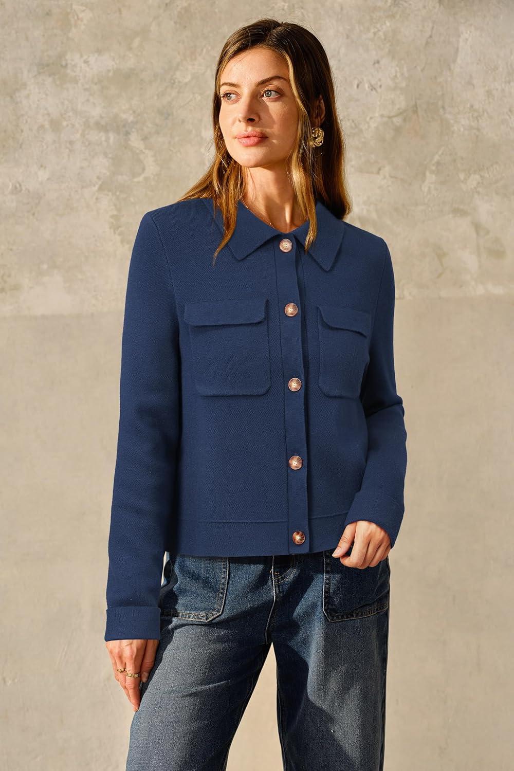imageArachampCloz Womens Wool Blend Spring Fashion Button Down Cropped Jacket Shackets 2026Dark Navy