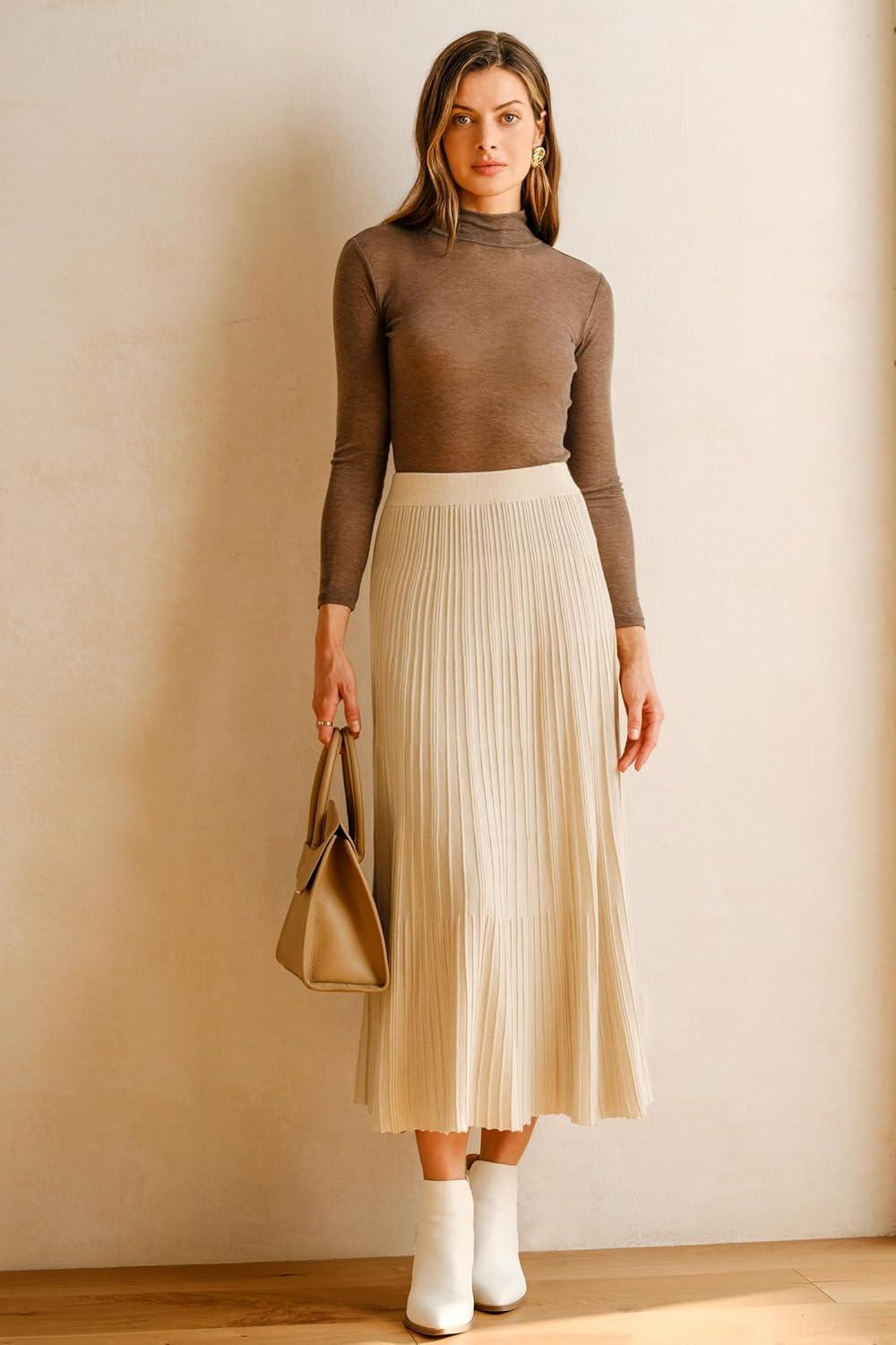 imageArachampCloz Womens Wool Blend Wide Elastic Band ALine Pleated Flowy Long Skirts 2025Apricot