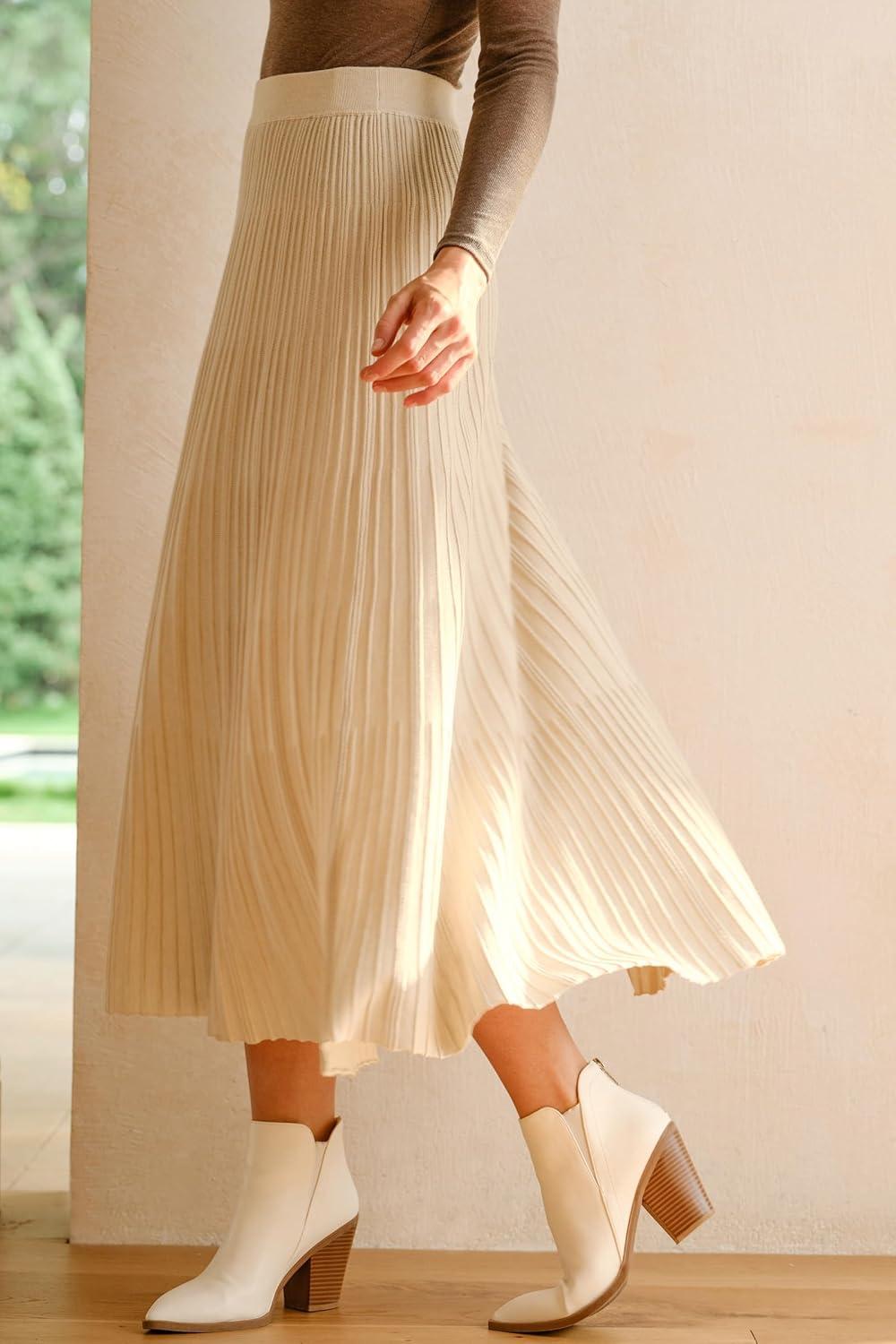 imageArachampCloz Womens Wool Blend Wide Elastic Band ALine Pleated Flowy Long Skirts 2025Apricot