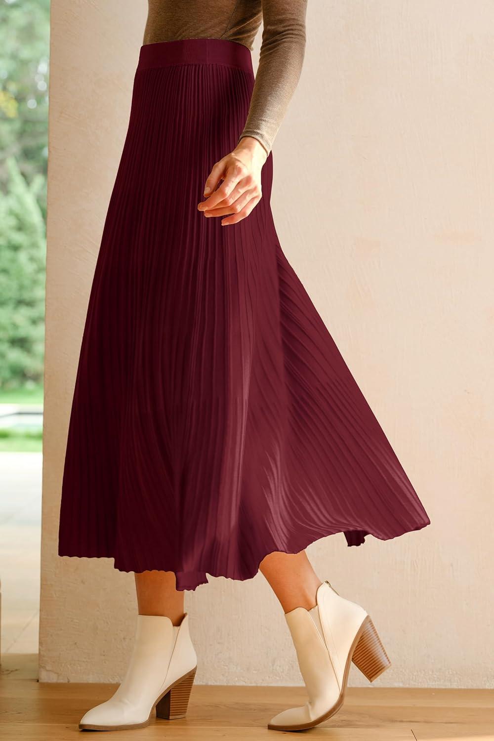 imageArachampCloz Womens Wool Blend Wide Elastic Band ALine Pleated Flowy Long Skirts 2025Burgundy