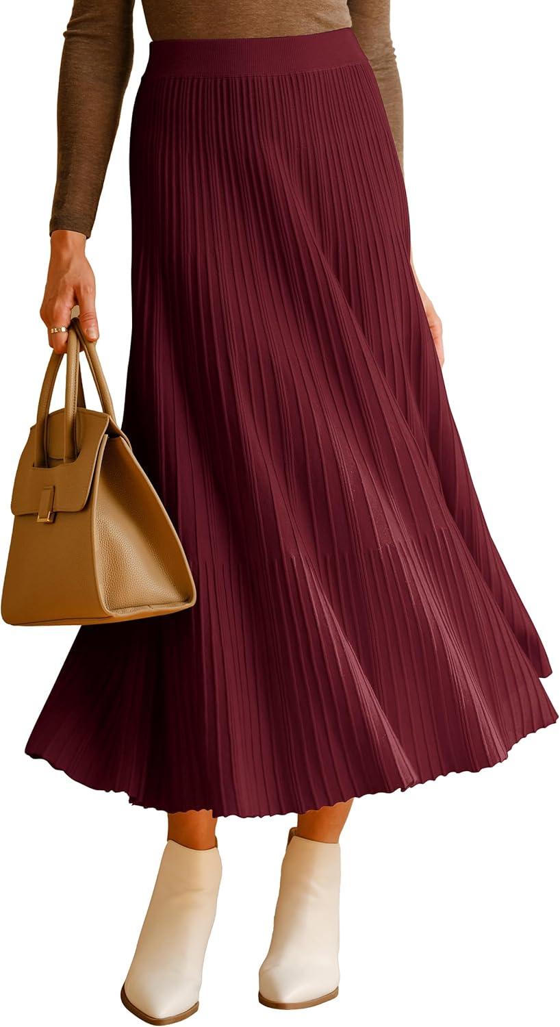 imageArachampCloz Womens Wool Blend Wide Elastic Band ALine Pleated Flowy Long Skirts 2025Burgundy
