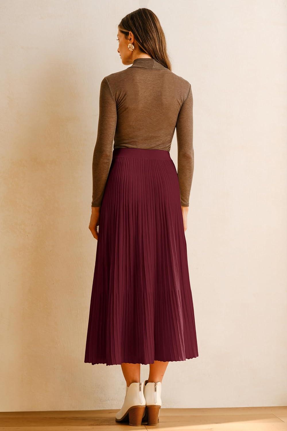 imageArachampCloz Womens Wool Blend Wide Elastic Band ALine Pleated Flowy Long Skirts 2025Burgundy