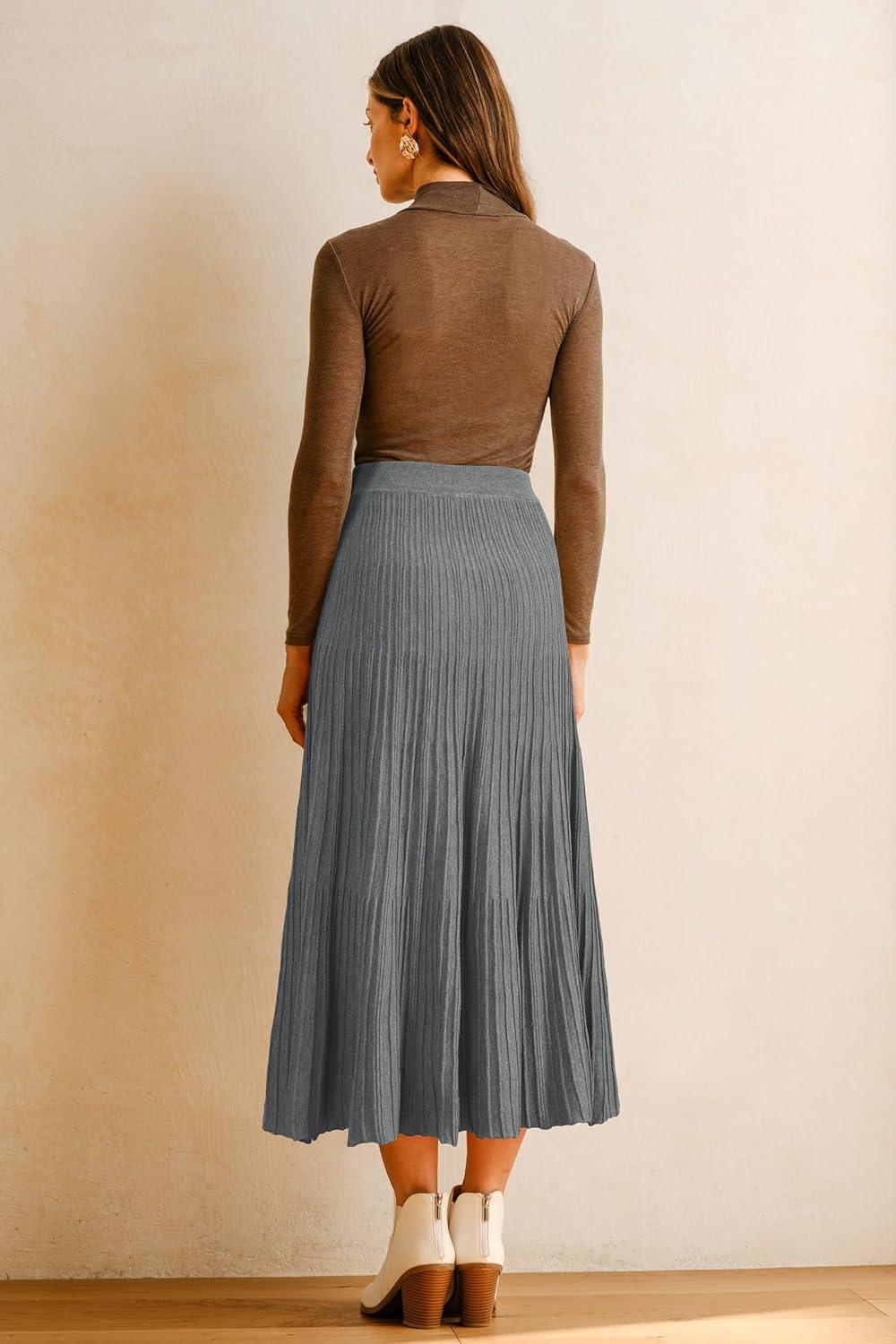 imageArachampCloz Womens Wool Blend Wide Elastic Band ALine Pleated Flowy Long Skirts 2025Grey