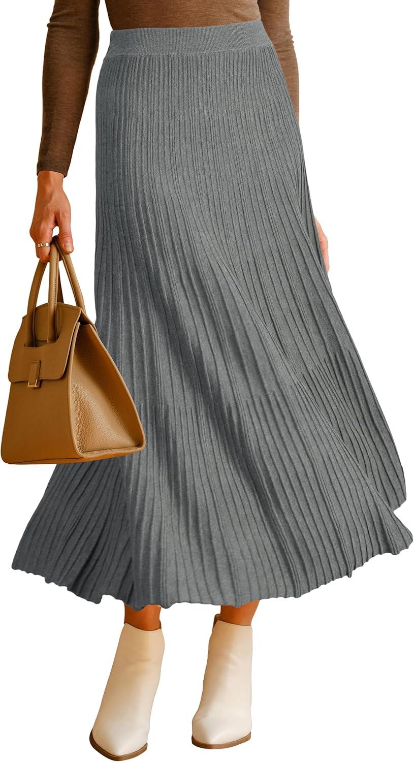 imageArachampCloz Womens Wool Blend Wide Elastic Band ALine Pleated Flowy Long Skirts 2025Grey