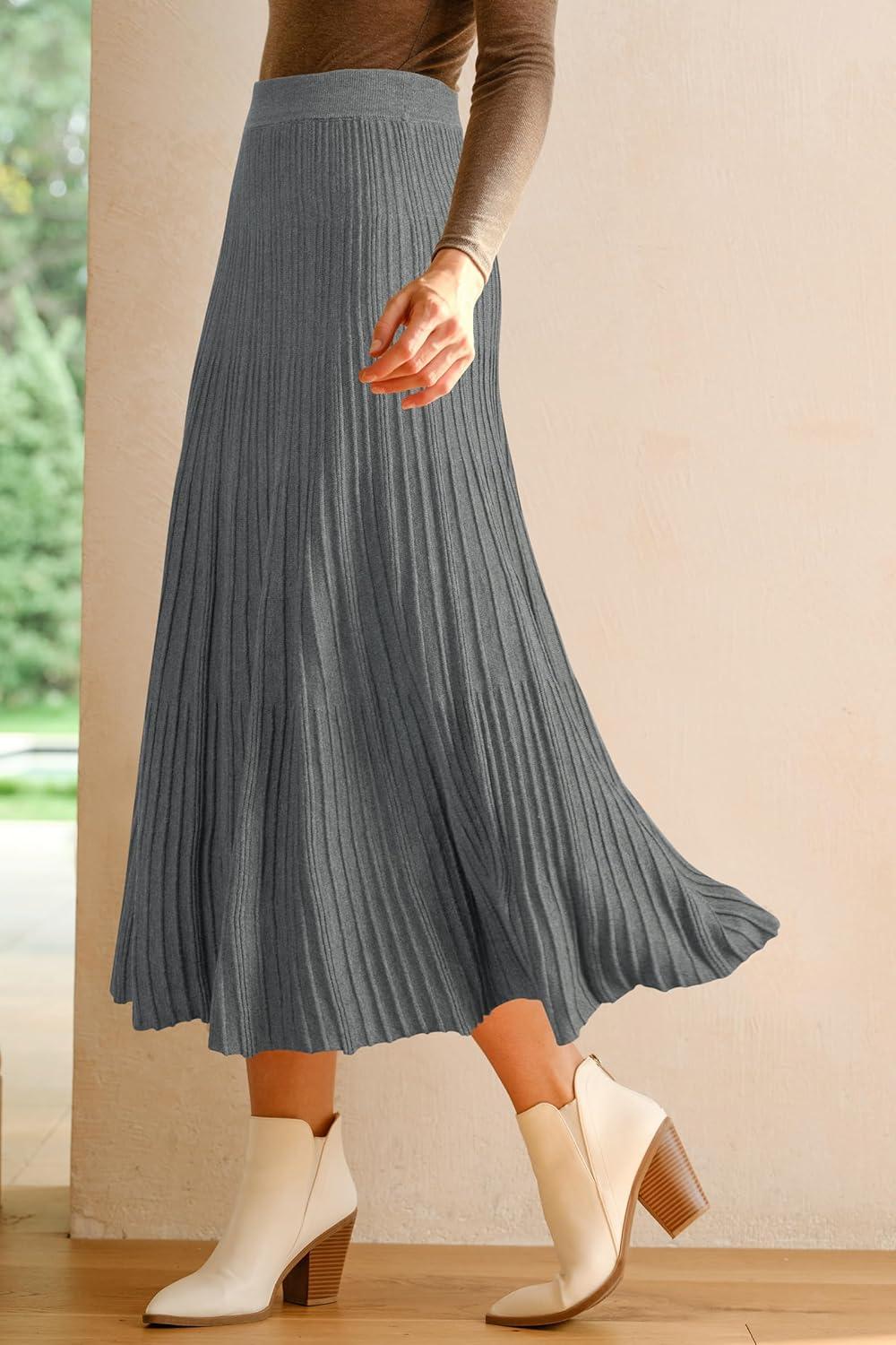 imageArachampCloz Womens Wool Blend Wide Elastic Band ALine Pleated Flowy Long Skirts 2025Grey