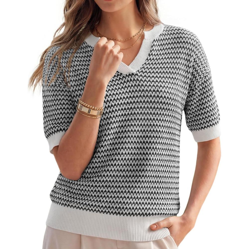 imageArachampCloz Womens 100 Cotton Polo V Neck Striped Short Sleeve Spring Casual Pullover Sweaters 2026Black