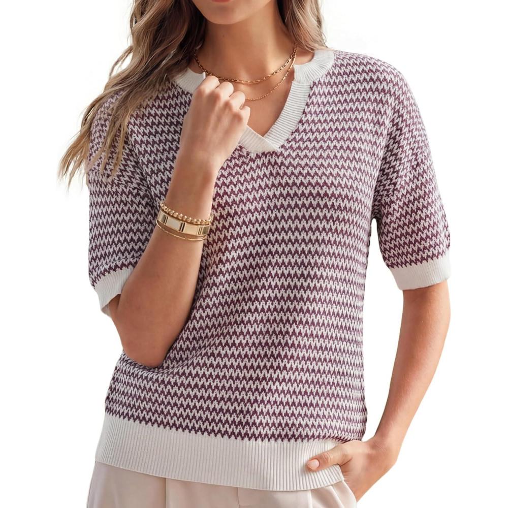 imageArachampCloz Womens 100 Cotton Polo V Neck Striped Short Sleeve Spring Casual Pullover Sweaters 2026Dark Red