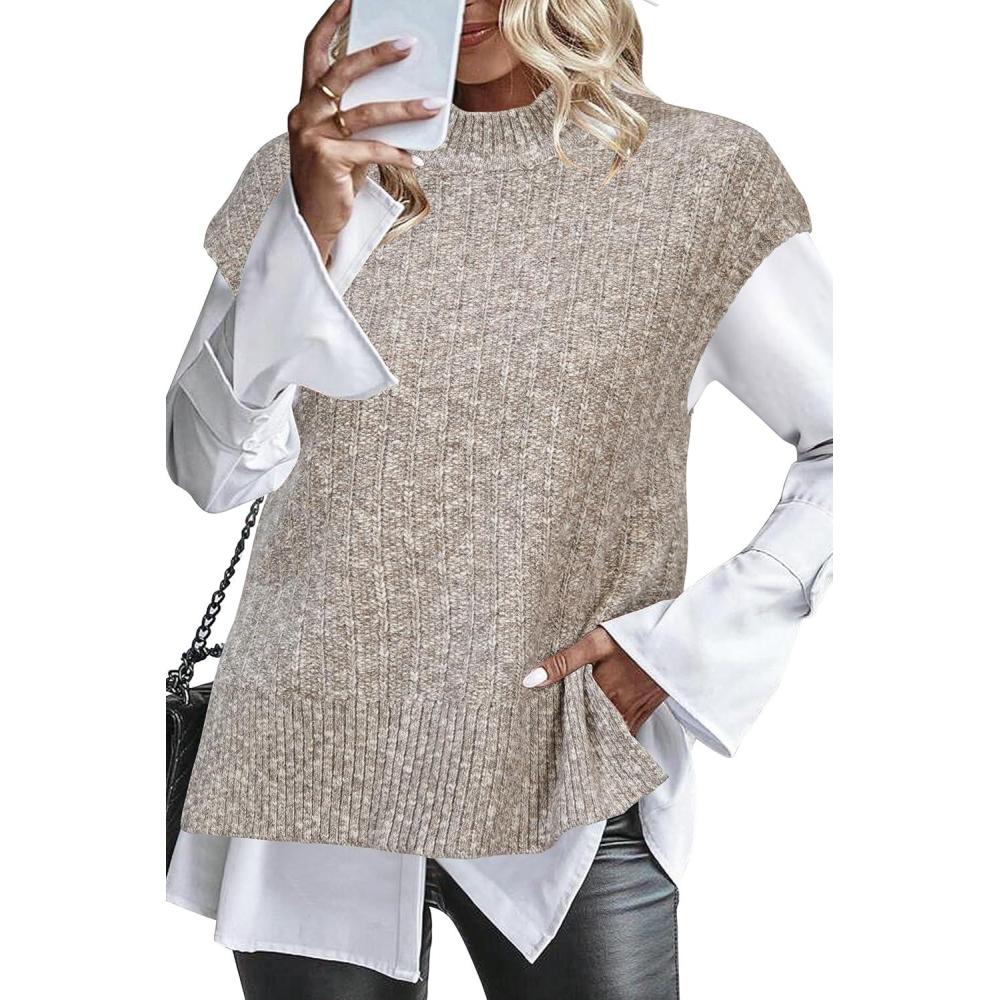 imageArachampCloz Womens Cotton Blend Cap Sleeve Side Slit Sweater Vest Fall Casual Tops 2025Khaki Grey