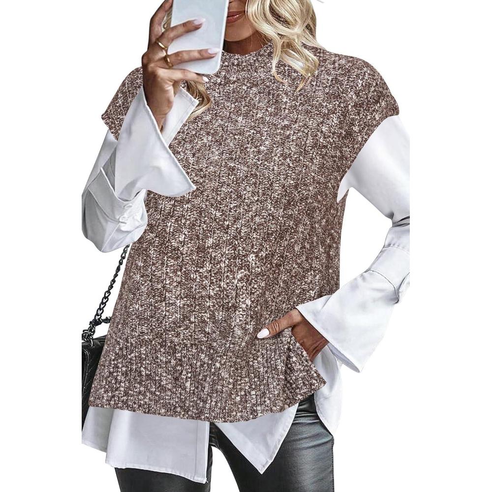 imageArachampCloz Womens Cotton Blend Cap Sleeve Side Slit Sweater Vest Fall Casual Tops 2025White Brown