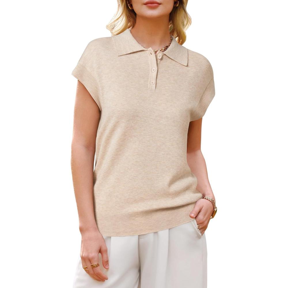 imageArachampCloz Womens Wool Blend Polo Shirts Collar V Neck Cap Sleeves Business Casual Sweater PulloverApricot