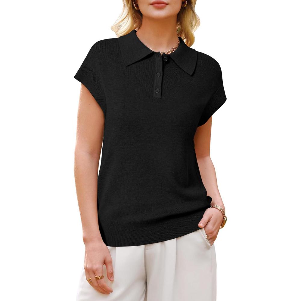 imageArachampCloz Womens Wool Blend Polo Shirts Collar V Neck Cap Sleeves Business Casual Sweater PulloverBlack