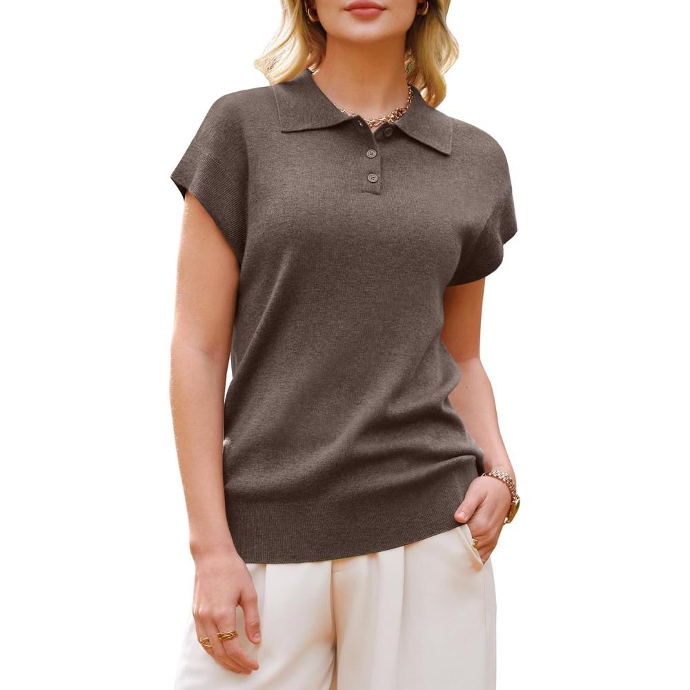 imageArachampCloz Womens Wool Blend Polo Shirts Collar V Neck Cap Sleeves Business Casual Sweater PulloverCoffee