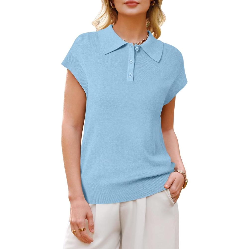 imageArachampCloz Womens Wool Blend Polo Shirts Collar V Neck Cap Sleeves Business Casual Sweater PulloverLight Blue