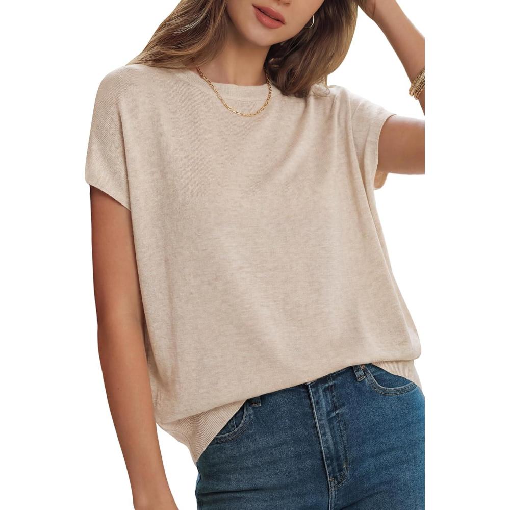 imageArachampCloz Womens Wool Blend Short Sleeve Oversized Sweater Business Casual Tops 2026Apricot
