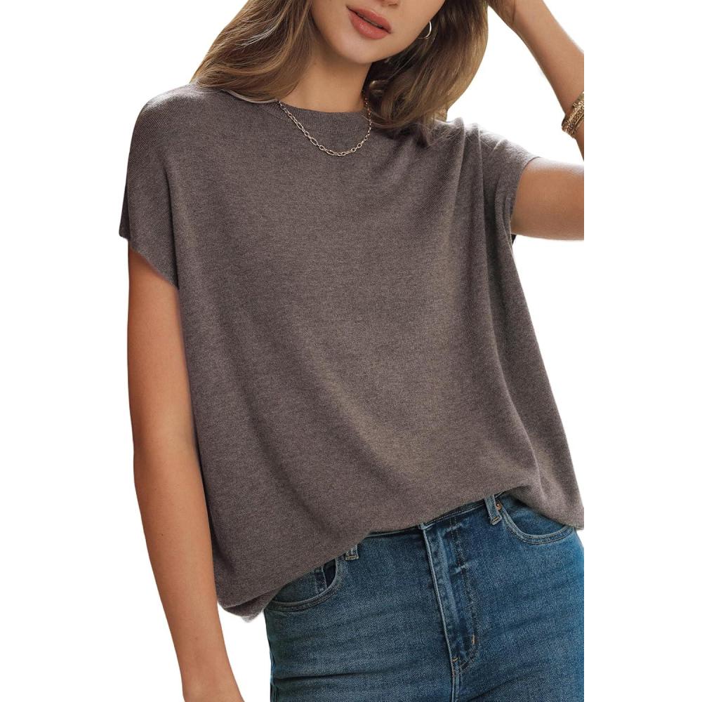 imageArachampCloz Womens Wool Blend Short Sleeve Oversized Sweater Business Casual Tops 2026Coffee