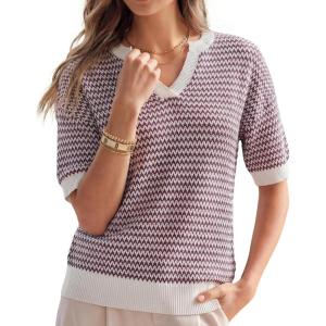 Arach&Cloz Women’s 100% Cotton Polo V Neck Striped Short Sleeve Spring Casual Pullover Sweaters 2026(Dark Red)