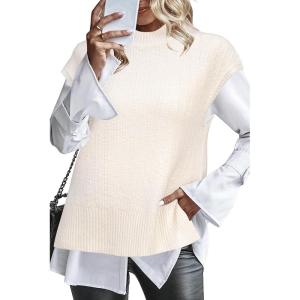 Arach&Cloz Women’s Cotton Blend Cap Sleeve Side Slit Sweater Vest Fall Casual Tops 2025(Off-white)