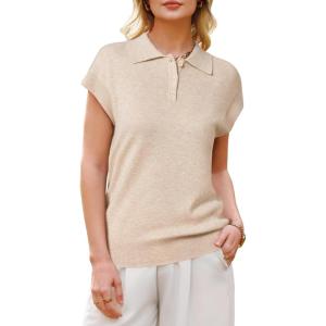 Arach&Cloz Women’s Wool Blend Polo Shirts Collar V Neck Cap Sleeves Business Casual Sweater Pullover(Apricot)