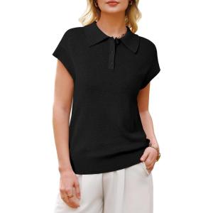Arach&Cloz Women’s Wool Blend Polo Shirts Collar V Neck Cap Sleeves Business Casual Sweater Pullover(Black)