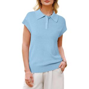 Arach&Cloz Women’s Wool Blend Polo Shirts Collar V Neck Cap Sleeves Business Casual Sweater Pullover(Light Blue)