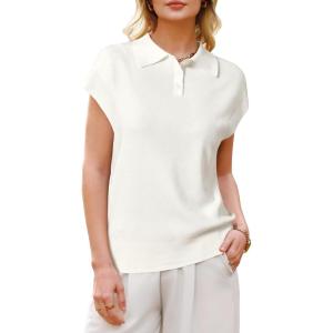 Arach&Cloz Women’s Wool Blend Polo Shirts Collar V Neck Cap Sleeves Business Casual Sweater Pullover(Off-white)