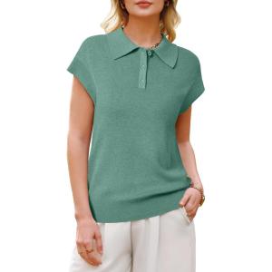 Arach&Cloz Women’s Wool Blend Polo Shirts Collar V Neck Cap Sleeves Business Casual Sweater Pullover(Sage Green)