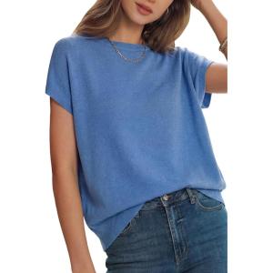 Arach&Cloz Women’s Wool Blend Short Sleeve Oversized Sweater Business Casual Tops 2026(Lake Blue)
