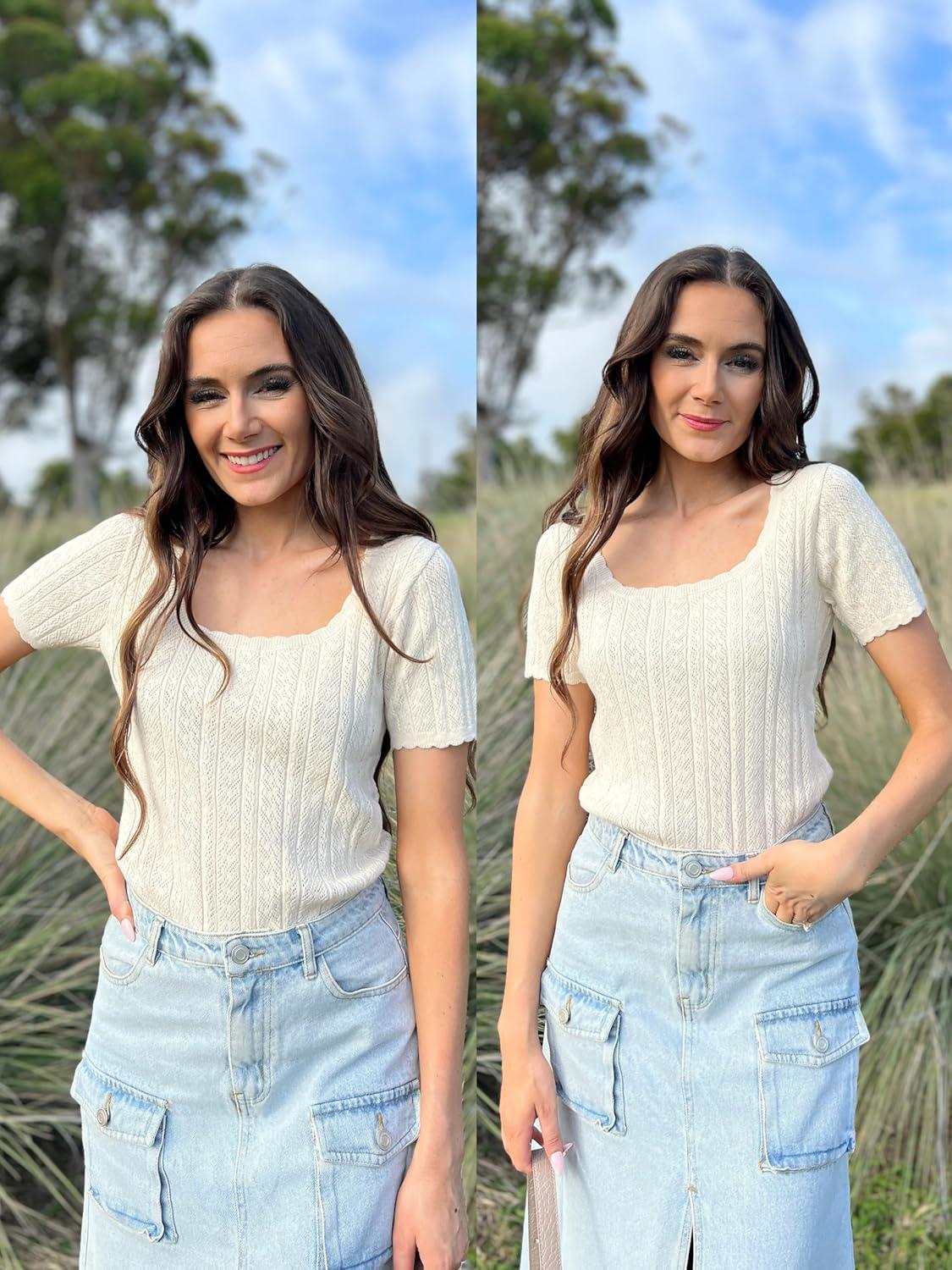 imageArachampCloz Women 2025 Spring Short Sleeve Square Neck T Shirts Knit Pullover Sweater Business Casual Dressy TopsBeige