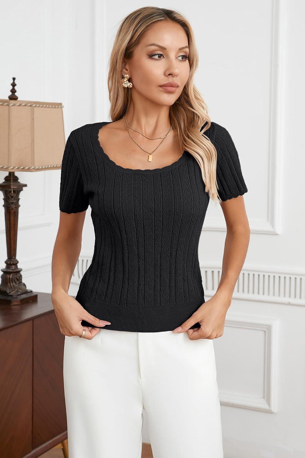 imageArachampCloz Women 2025 Spring Short Sleeve Square Neck T Shirts Knit Pullover Sweater Business Casual Dressy TopsBlack