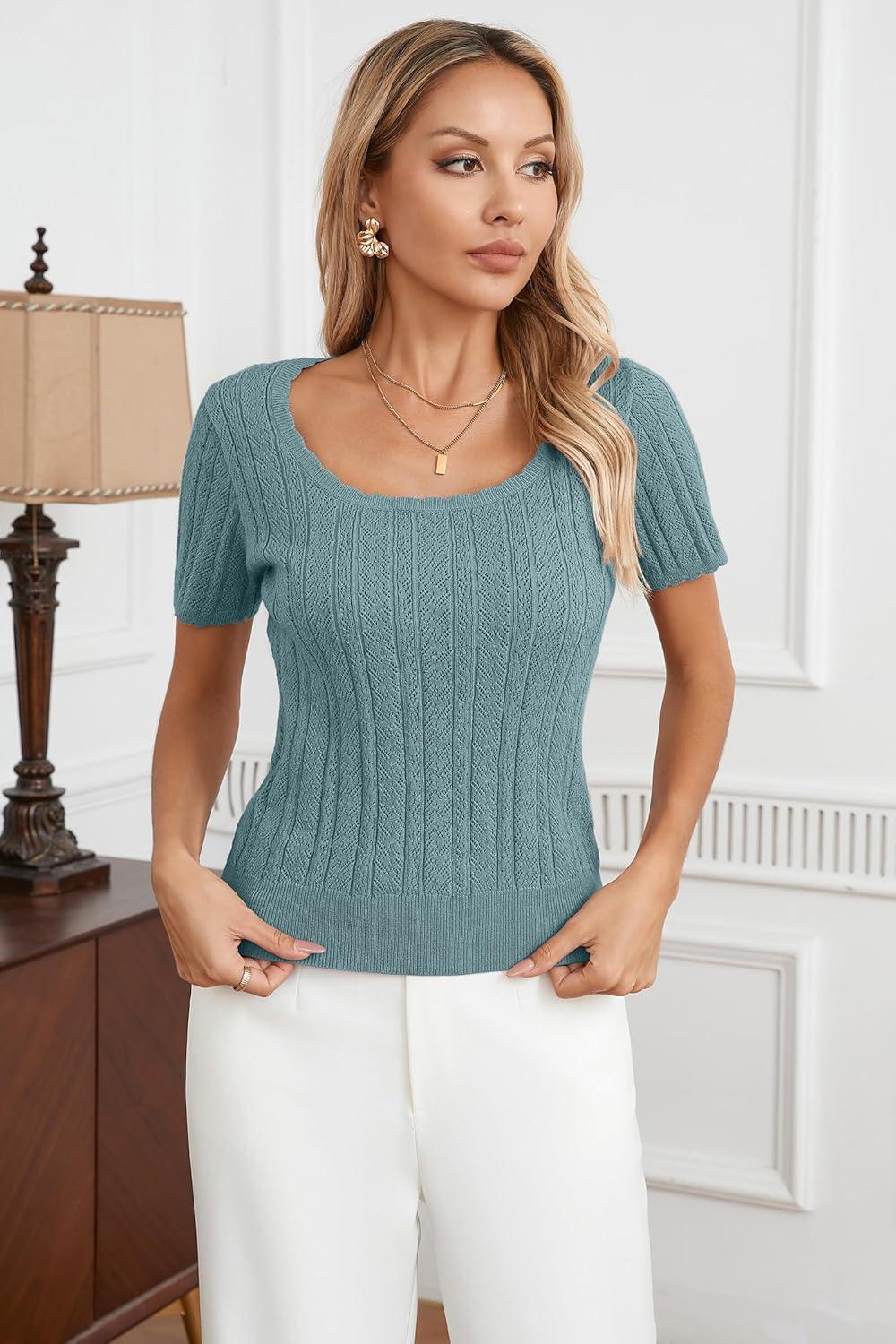 imageArachampCloz Women 2025 Spring Short Sleeve Square Neck T Shirts Knit Pullover Sweater Business Casual Dressy TopsGray Blue