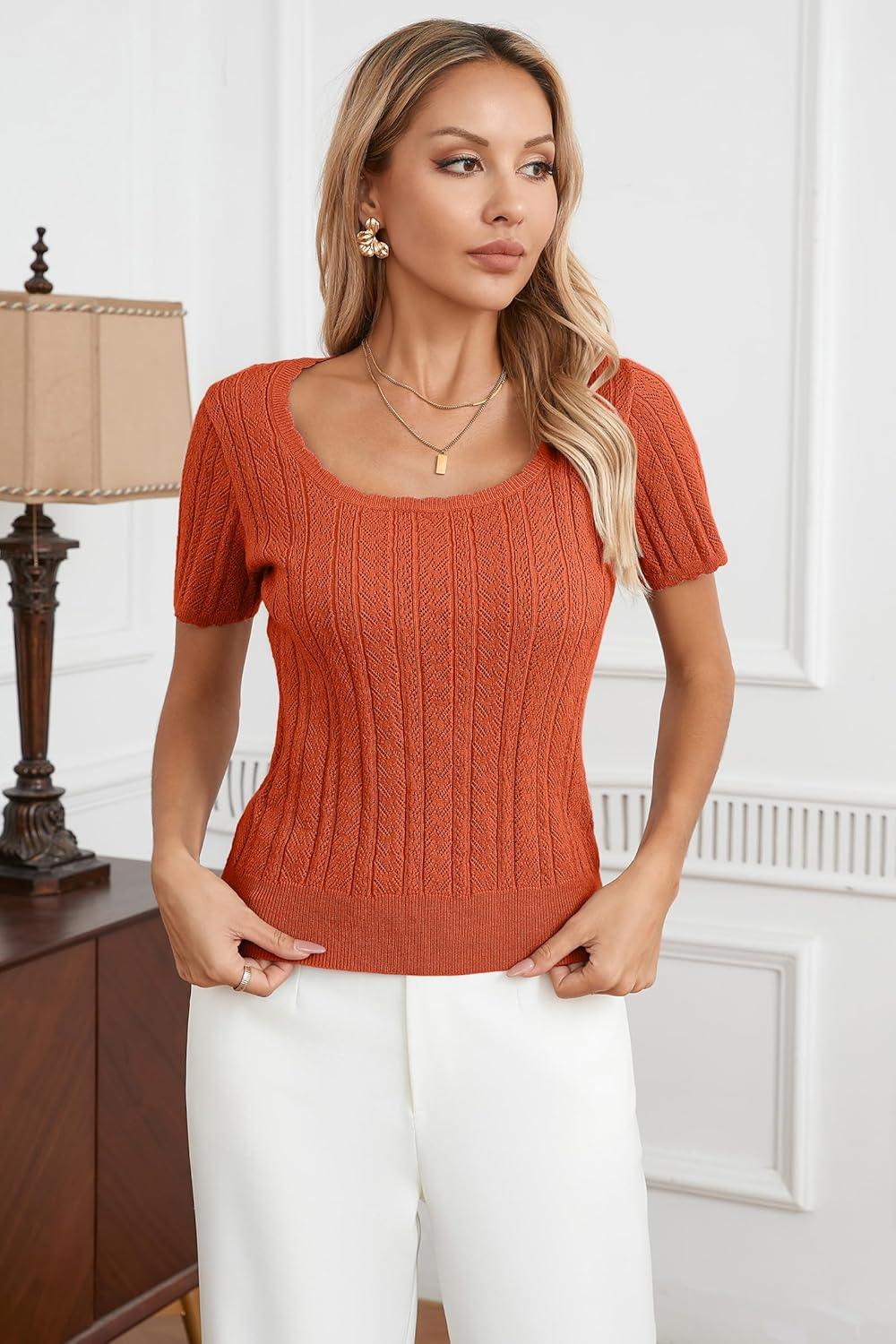 imageArachampCloz Women 2025 Spring Short Sleeve Square Neck T Shirts Knit Pullover Sweater Business Casual Dressy TopsOrange Red