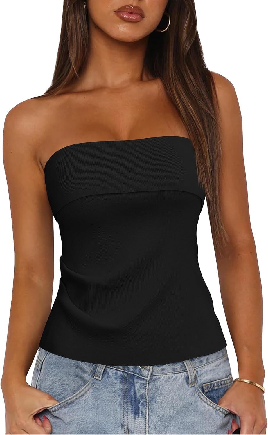 imageArachampCloz Womens Silk Blend Non See Through Non Slip Summer Spring Casual Tube Top 2026Black