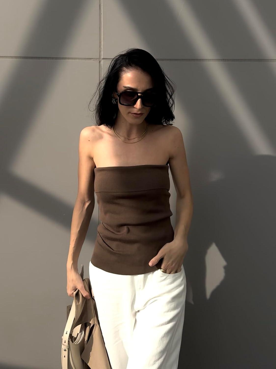 imageArachampCloz Womens Silk Blend Non See Through Non Slip Summer Spring Casual Tube Top 2026Coffee